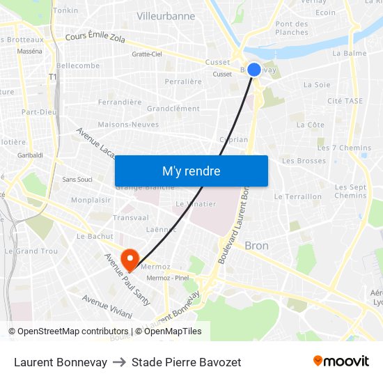 Laurent Bonnevay to Stade Pierre Bavozet map