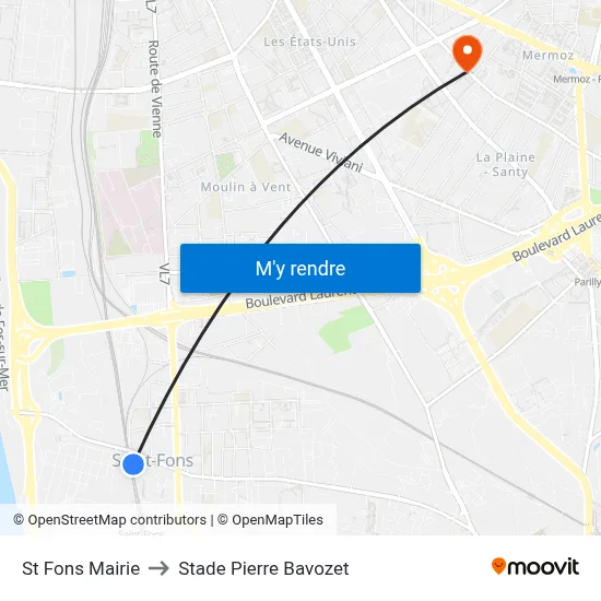 St Fons Mairie to Stade Pierre Bavozet map