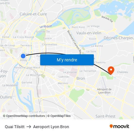 Quai Tilsitt to Aeroport Lyon Bron map