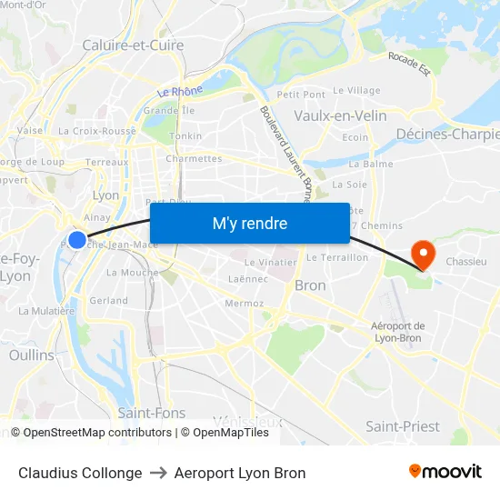 Claudius Collonge to Aeroport Lyon Bron map