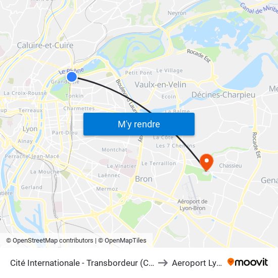 Cité Internationale - Transbordeur (Centre De Congrès) to Aeroport Lyon Bron map
