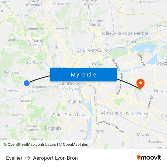 Evellier to Aeroport Lyon Bron map