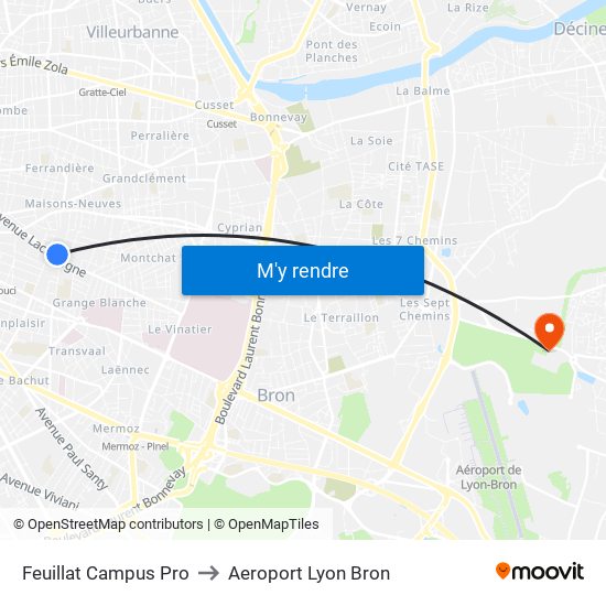 Feuillat Campus Pro to Aeroport Lyon Bron map