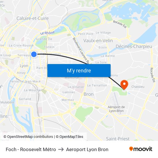 Foch - Roosevelt Métro to Aeroport Lyon Bron map