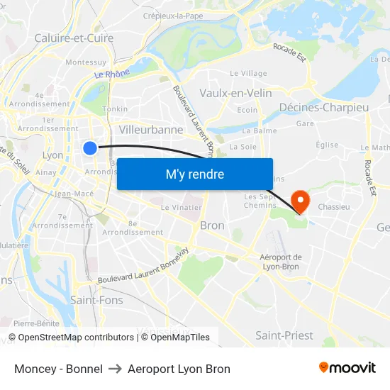 Moncey - Bonnel to Aeroport Lyon Bron map