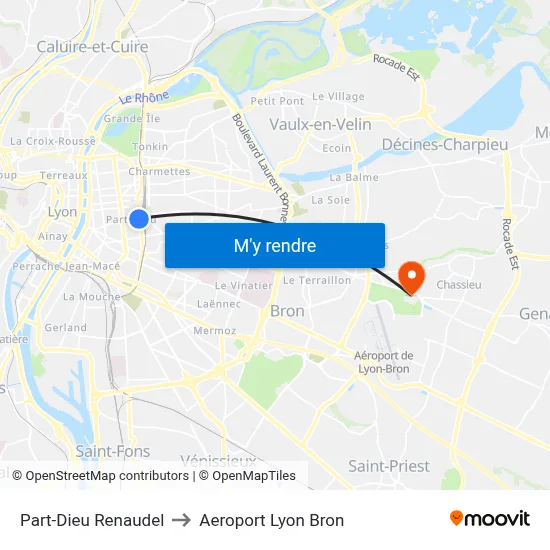 Part-Dieu Renaudel to Aeroport Lyon Bron map