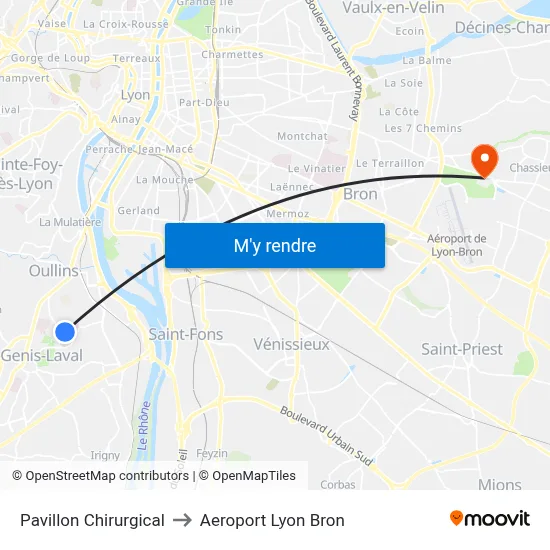 Pavillon Chirurgical to Aeroport Lyon Bron map