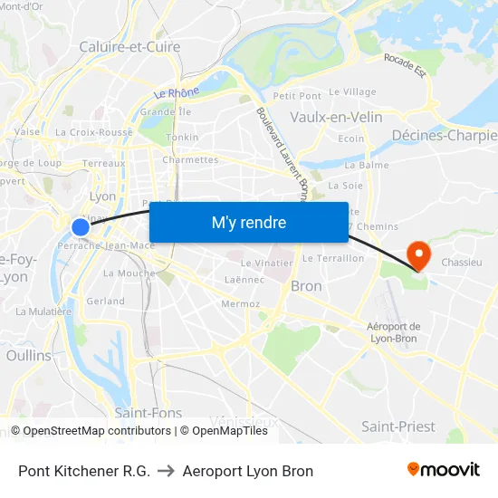 Pont Kitchener R.G. to Aeroport Lyon Bron map