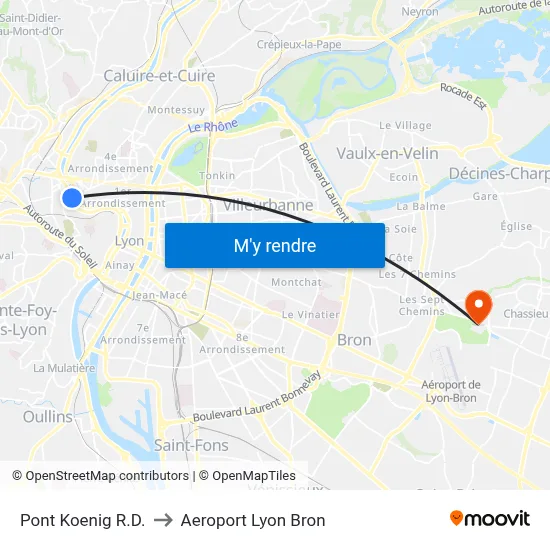 Pont Koenig R.D. to Aeroport Lyon Bron map