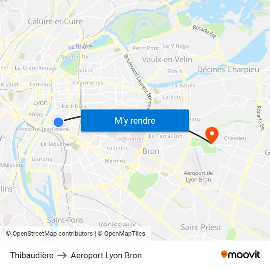Thibaudière to Aeroport Lyon Bron map