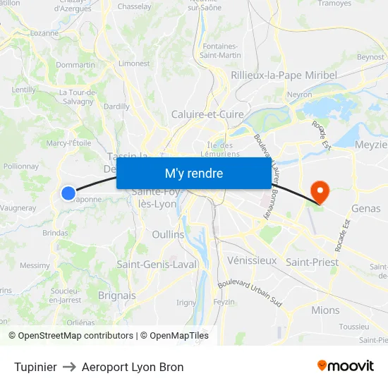 Tupinier to Aeroport Lyon Bron map