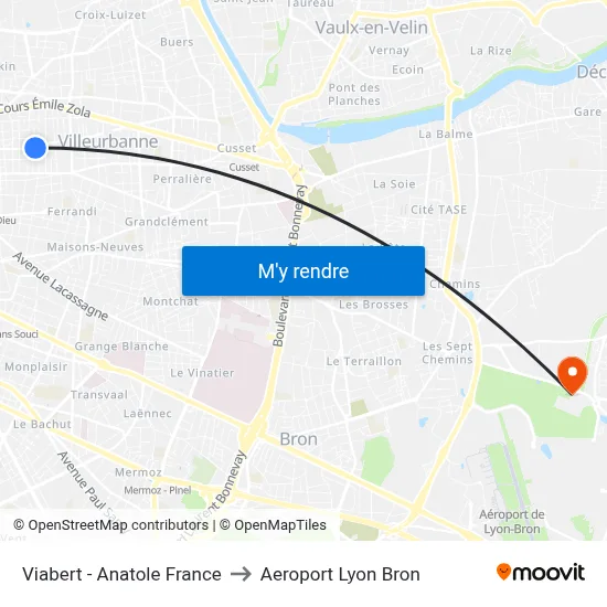 Viabert - Anatole France to Aeroport Lyon Bron map