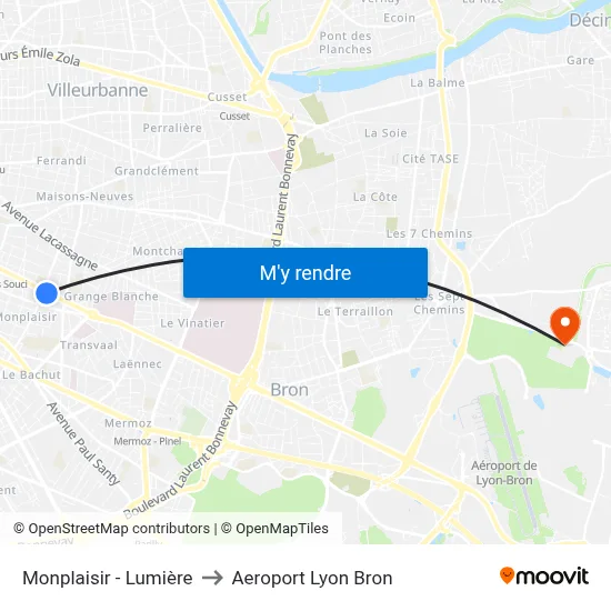 Monplaisir - Lumière to Aeroport Lyon Bron map