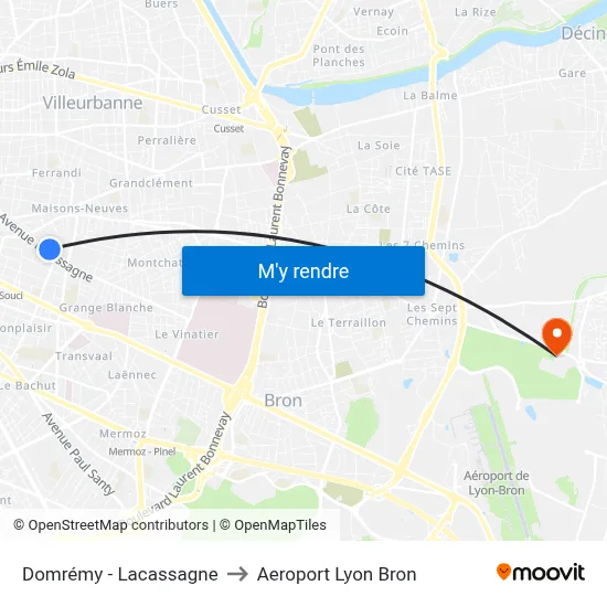 Domrémy - Lacassagne to Aeroport Lyon Bron map