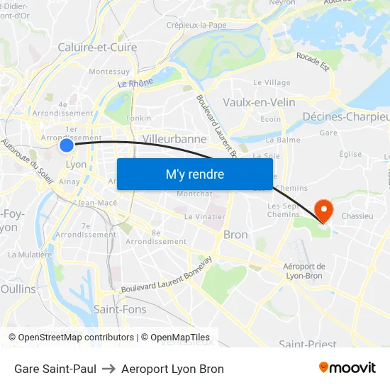 Gare Saint-Paul to Aeroport Lyon Bron map