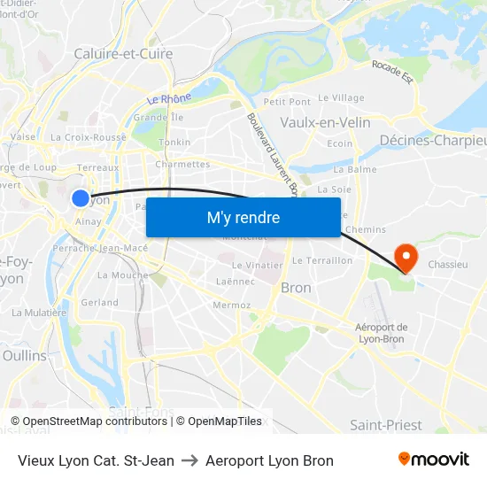 Vieux Lyon Cat. St-Jean to Aeroport Lyon Bron map