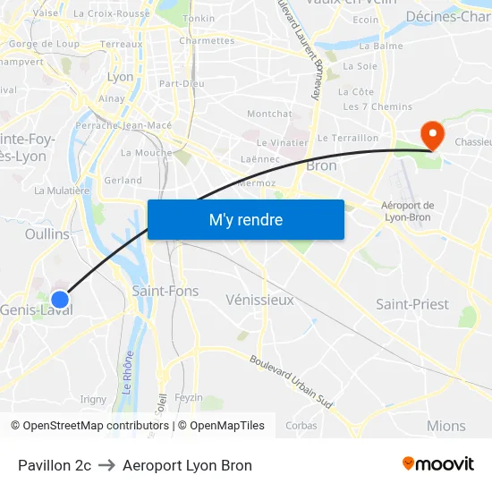 Pavillon 2c to Aeroport Lyon Bron map