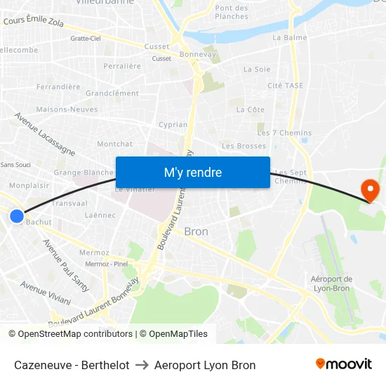 Cazeneuve - Berthelot to Aeroport Lyon Bron map