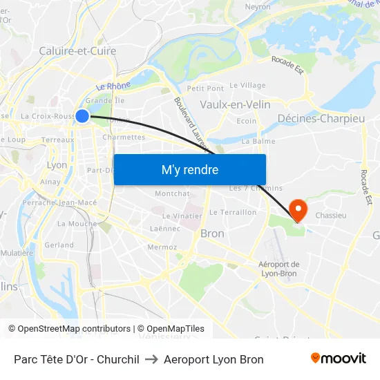 Parc Tête D'Or - Churchil to Aeroport Lyon Bron map