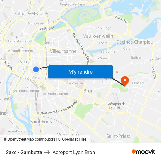 Saxe - Gambetta to Aeroport Lyon Bron map