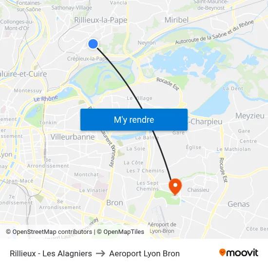 Rillieux - Les Alagniers to Aeroport Lyon Bron map