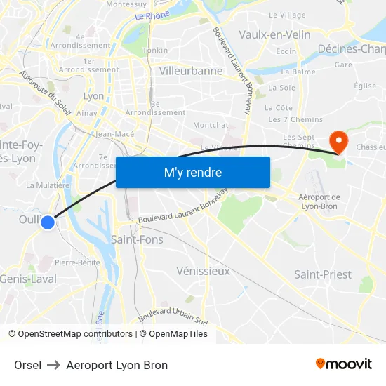 Orsel to Aeroport Lyon Bron map