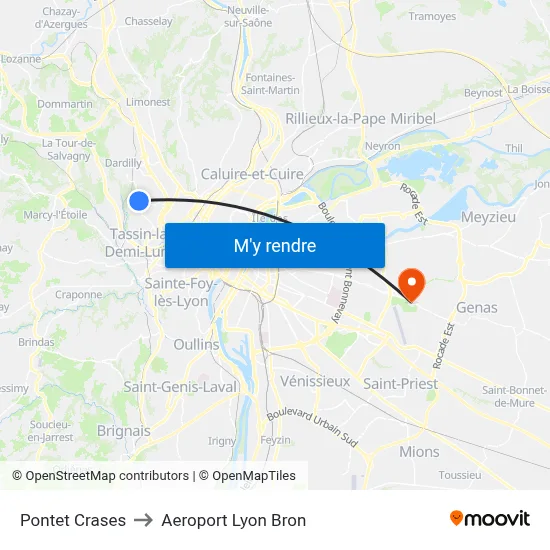 Pontet Crases to Aeroport Lyon Bron map