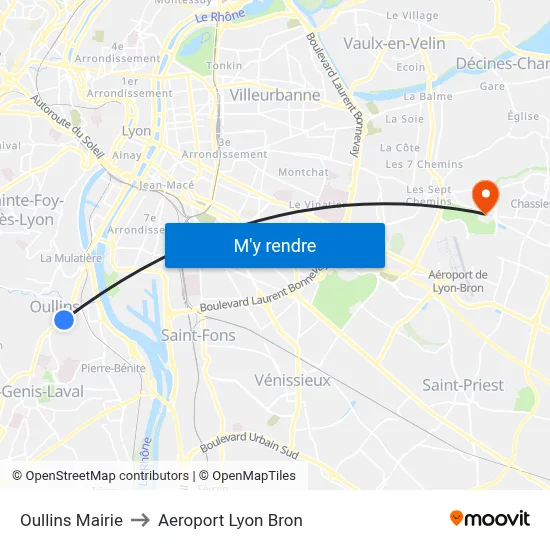 Oullins Mairie to Aeroport Lyon Bron map