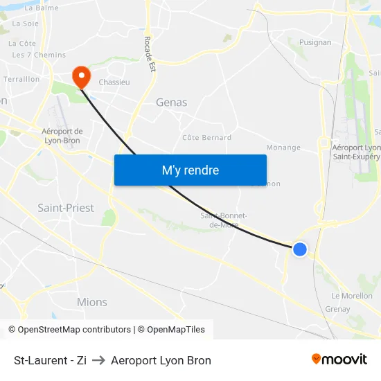 St-Laurent - Zi to Aeroport Lyon Bron map