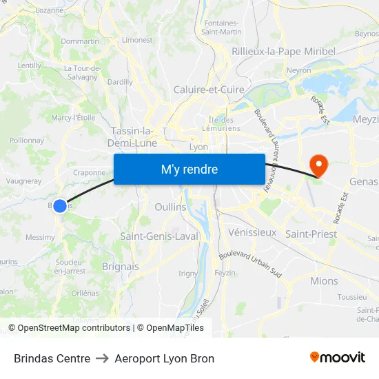 Brindas Centre to Aeroport Lyon Bron map