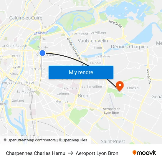 Charpennes Charles Hernu to Aeroport Lyon Bron map