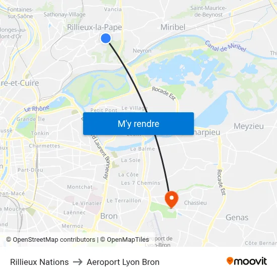 Rillieux Nations to Aeroport Lyon Bron map