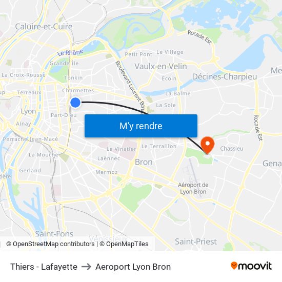 Thiers - Lafayette to Aeroport Lyon Bron map