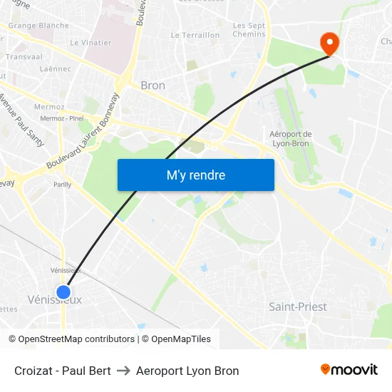 Croizat - Paul Bert to Aeroport Lyon Bron map