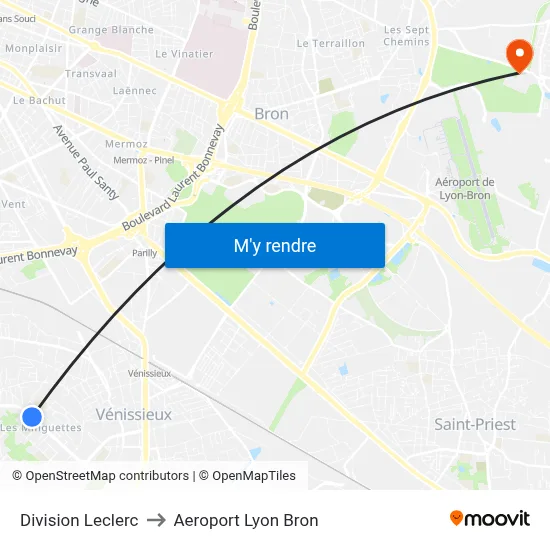 Division Leclerc to Aeroport Lyon Bron map