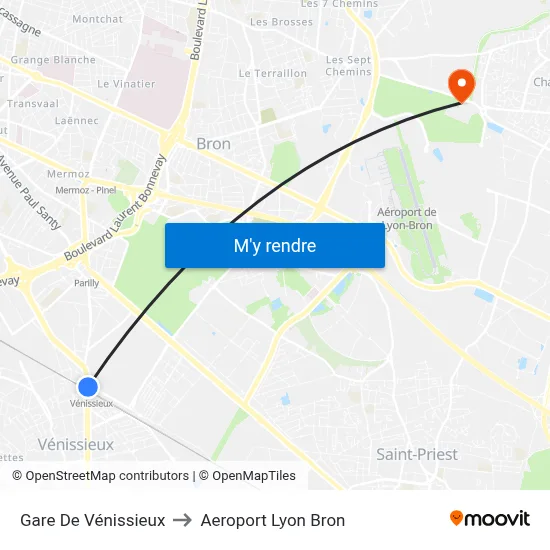 Gare De Vénissieux to Aeroport Lyon Bron map