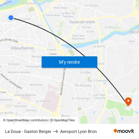 La Doua - Gaston Berger to Aeroport Lyon Bron map