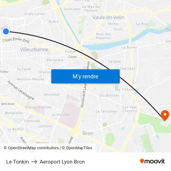 Le Tonkin to Aeroport Lyon Bron map