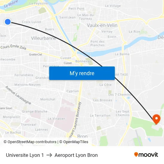 Universite Lyon 1 to Aeroport Lyon Bron map