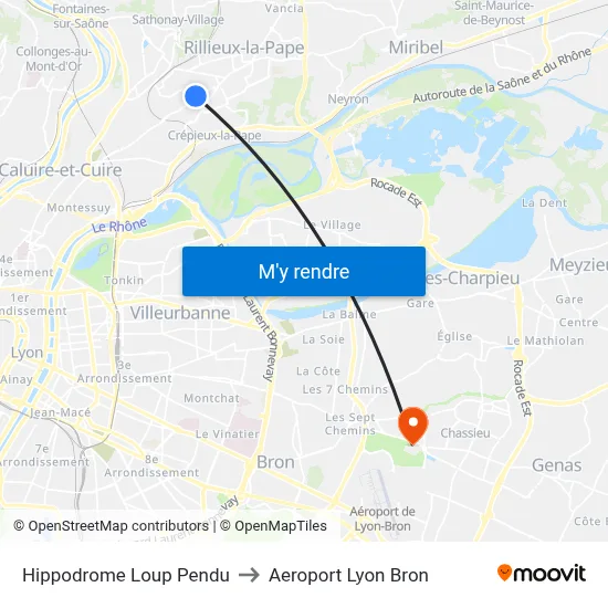 Hippodrome Loup Pendu to Aeroport Lyon Bron map