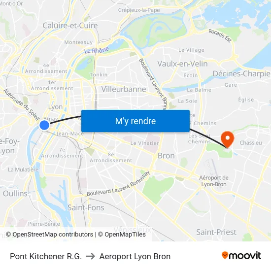 Pont Kitchener R.G. to Aeroport Lyon Bron map