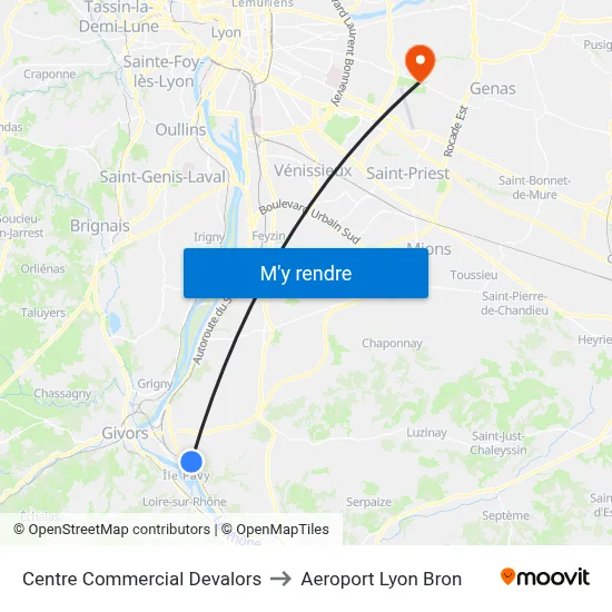 Centre Commercial Devalors to Aeroport Lyon Bron map