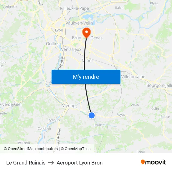 Le Grand Ruinais to Aeroport Lyon Bron map