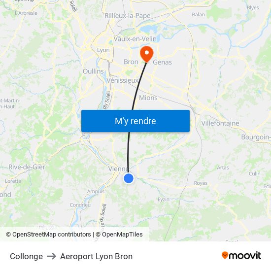Collonge to Aeroport Lyon Bron map