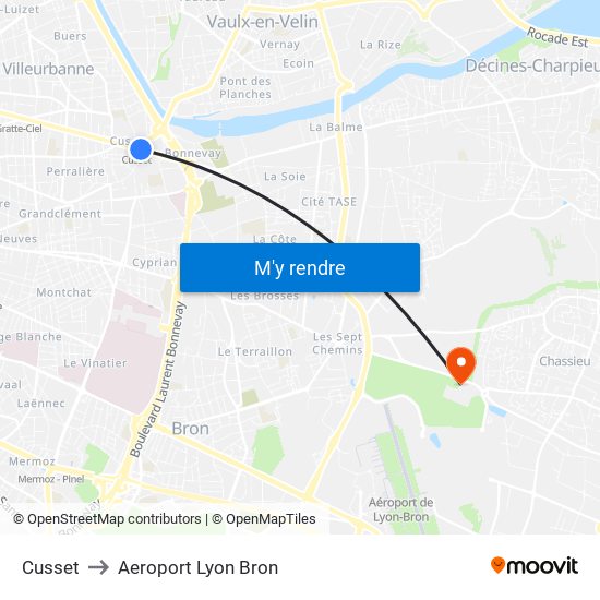 Cusset to Aeroport Lyon Bron map