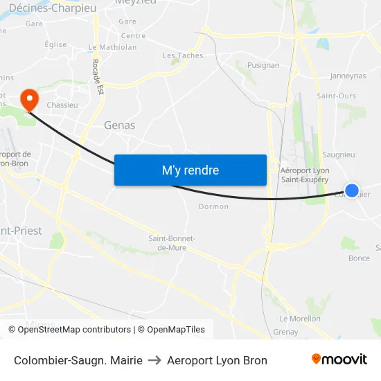 Colombier-Saugn.  Mairie to Aeroport Lyon Bron map