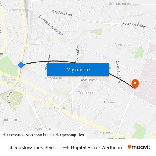 Tchécoslovaques Blandan to Hopital Pierre Wertheimer map