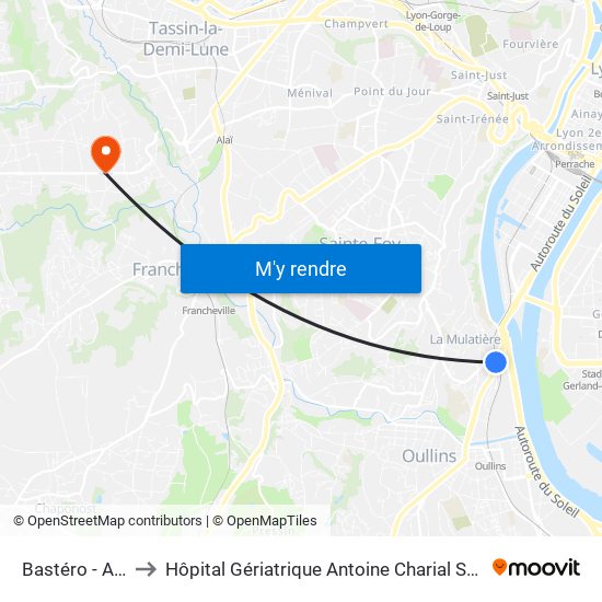 Bastéro - Aquarium to Hôpital Gériatrique Antoine Charial Services Administratifs map