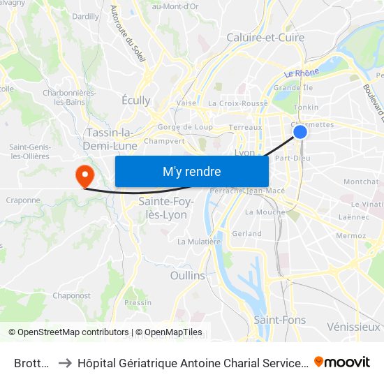 Brotteaux to Hôpital Gériatrique Antoine Charial Services Administratifs map