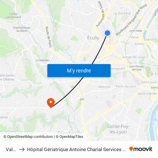 Valpré to Hôpital Gériatrique Antoine Charial Services Administratifs map